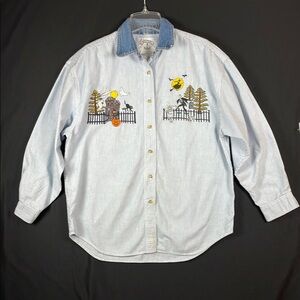 Women’s denim Halloween embroidered long sleeved, button down shirt size medium
